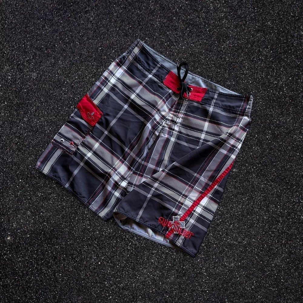 Quiksilver Mens Plaid Board Shorts Black‎ Red White Swim Trunks Size 35